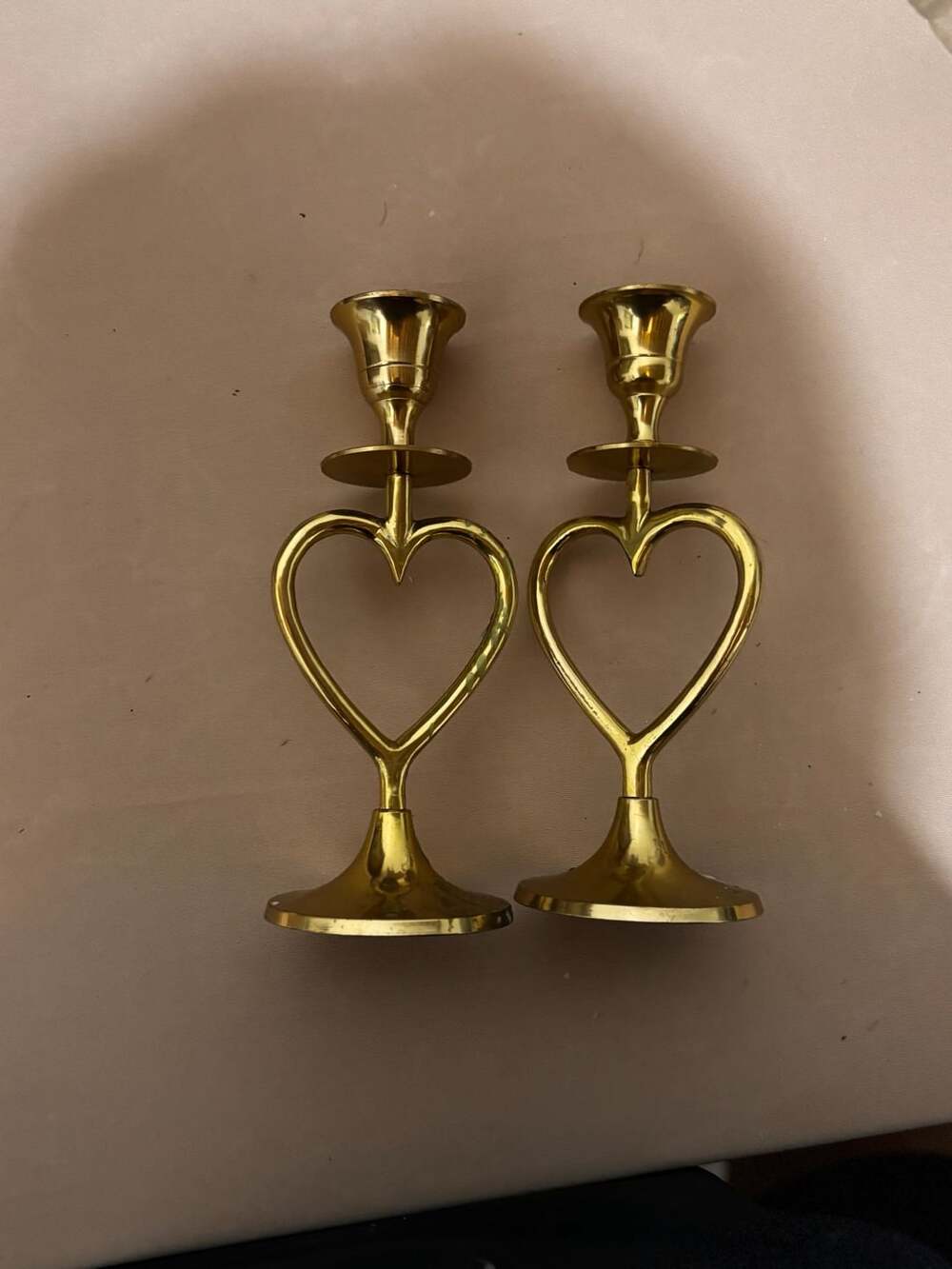 Vintage Solid Brass Heart Shaped Candlestick Holders Pair